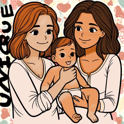 two realistic women holding one baby together