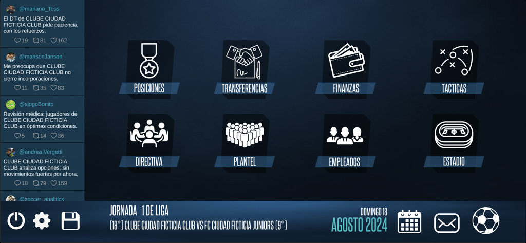 Main menu dashboard of F11 Football Manager showing icons for transfers tactics and finances alongside a news feed