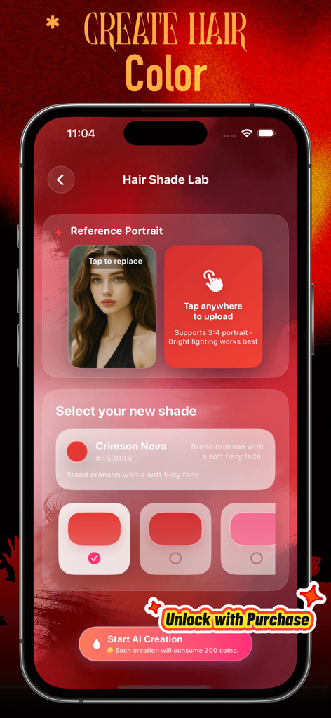 Crao - Interface móvel do Laboratório de Tons de Cabelo do aplicativo Crao mostrando opções para fazer upload de um retrato e selecionar cores de cabelo personalizadas de IA como Nova Carmesim.
