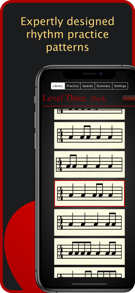 Rhythm Trainer by Rhythmicity - Smartphone screen showing a library of expertly designed rhythm practice patterns at level three
