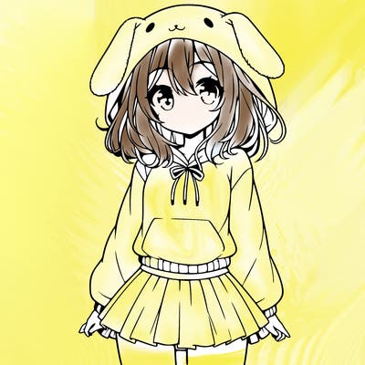 pretty anime girl wearing a fluffy hoodie with bunny ears on the hood and a skirt