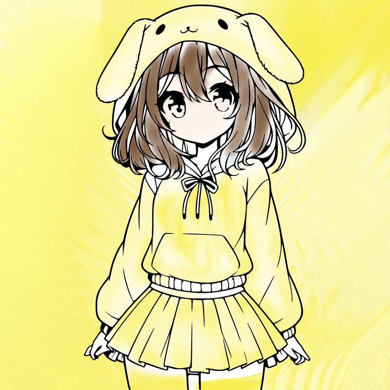 pretty anime girl wearing a fluffy hoodie with bunny ears on the hood and a skirt