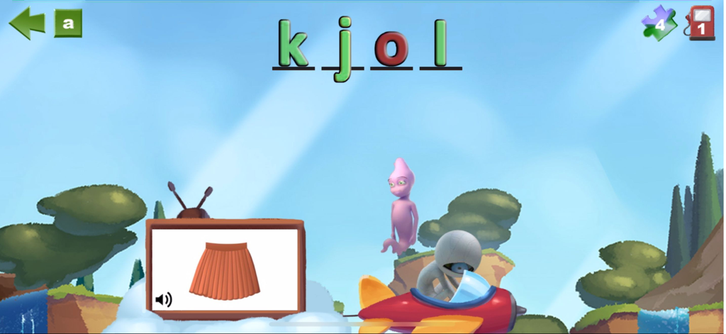 Trilo Stavar - Screenshot of Trilo Stavar app showing the Swedish word kjol with a skirt illustration and whimsical characters