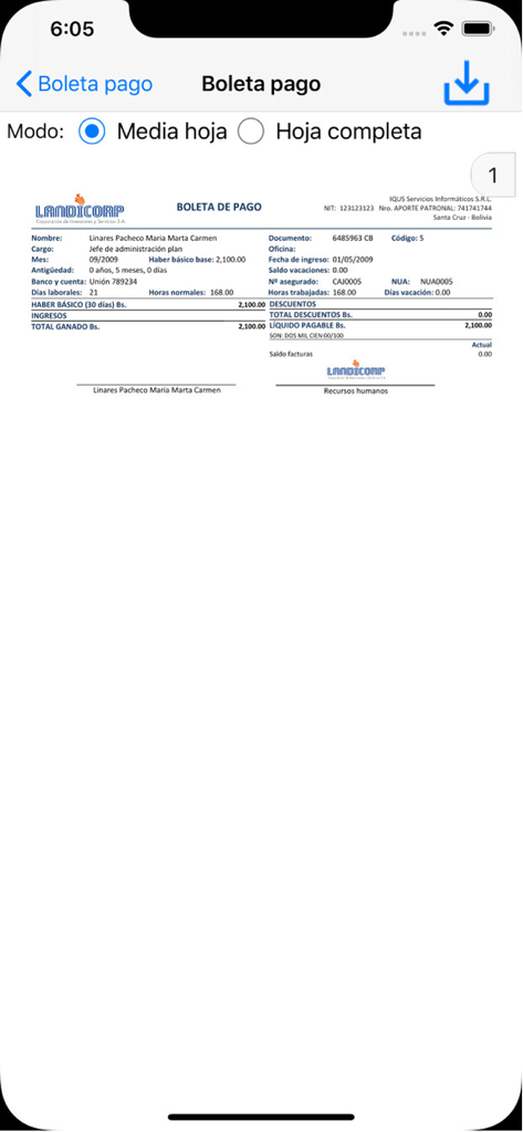 Recibo de nómina digital y detalles salariales mostrados en la aplicación de RRHH de Salar