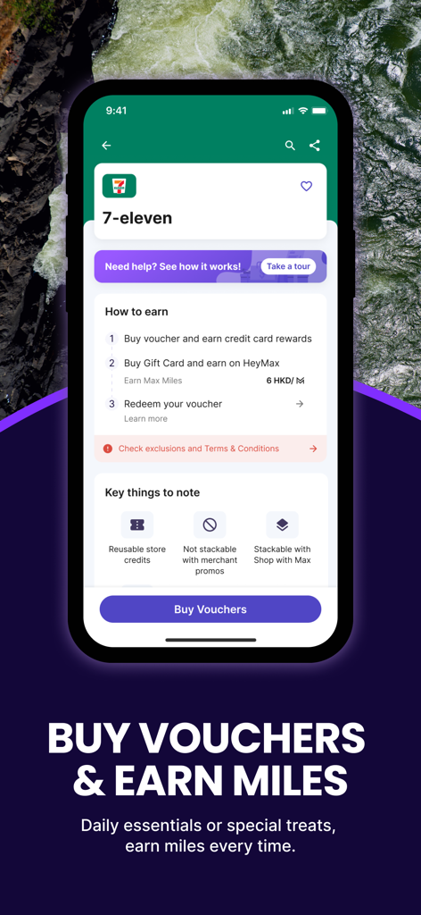 HeyMax: Buy Vouchers Get Miles - HeyMax app screen showing the process of buying a 7-Eleven voucher to earn travel miles on daily spending
