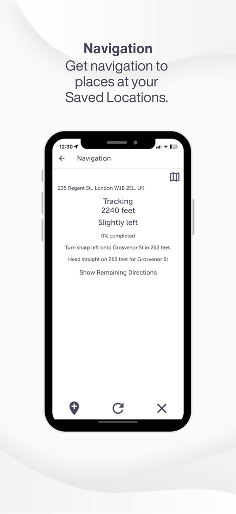 WeWALK app navigation screen showing step-by-step directions to a saved location