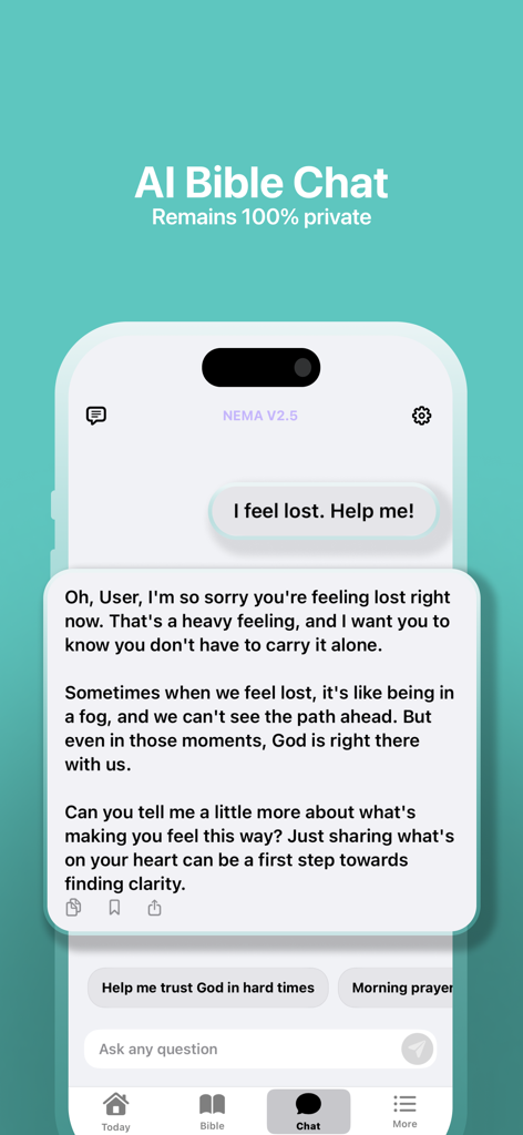 Amen Bible app AI chat interface showing a supportive spiritual conversation