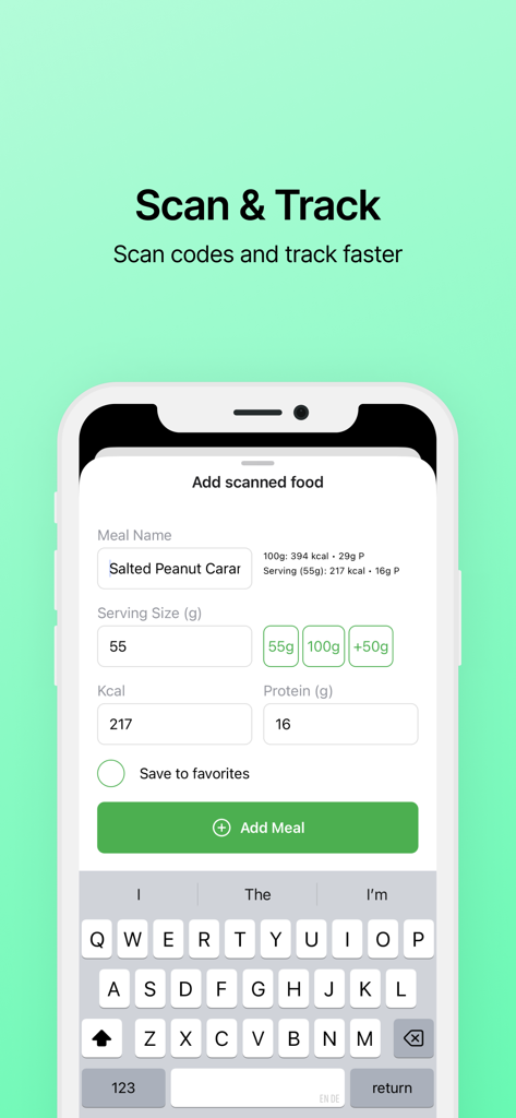 Quick Track - Calorie Counter - Pantalla de la aplicación Quick Track para escanear alimentos y registrar calorías y proteínas
