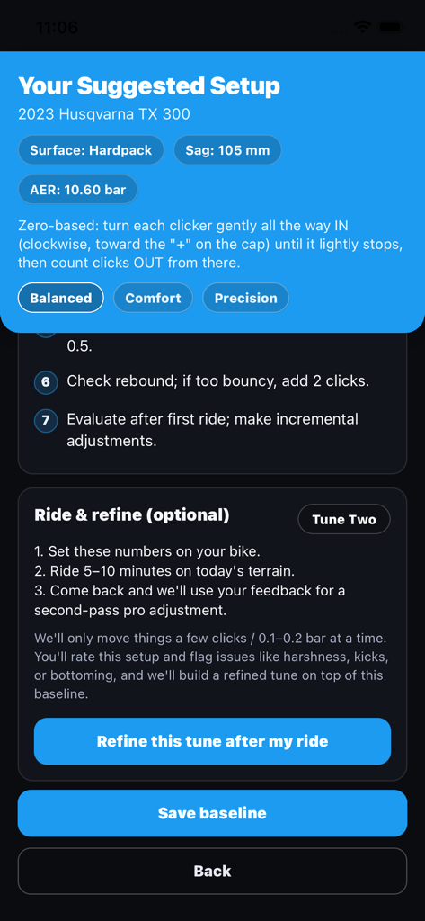 Dialed Offroad - Suggested dirt bike suspension settings and tuning guide on the Dialed Offroad app