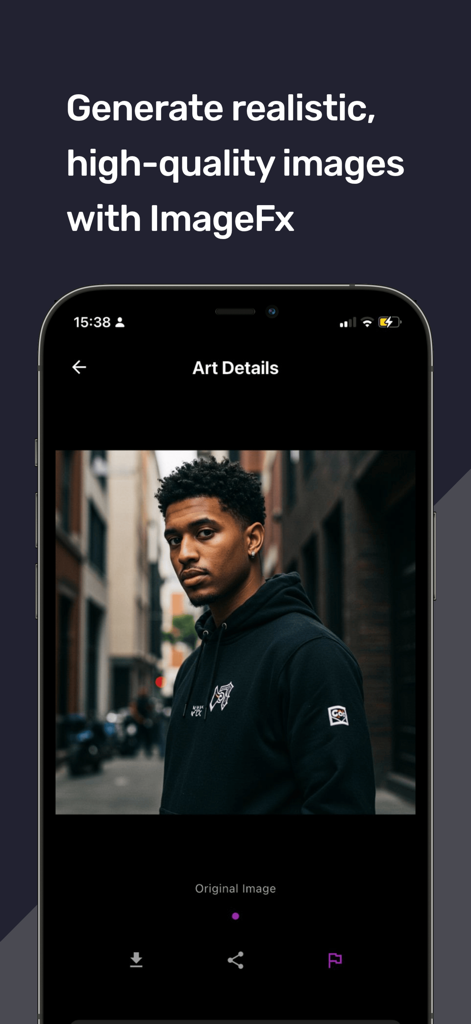 Imagex-Ai Image Generator - A realistic AI generated portrait of a man in a black hoodie on the ImageFx app interface