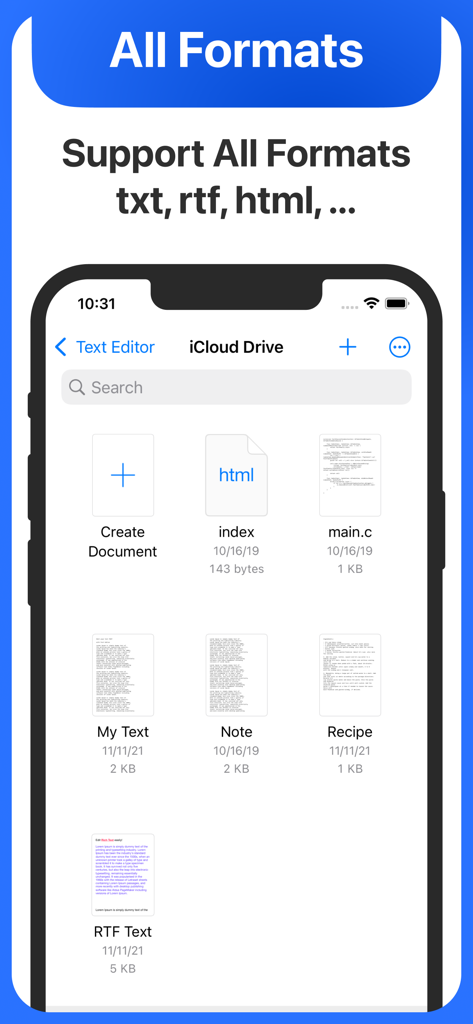 Screenshot dell'app mobile che mostra l'interfaccia di gestione dei file con supporto per formati HTML, TXT e RTF.