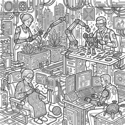 Dive into a vibrant future where wisdom meets technology with this unique cyberpunk coloring page featuring active seniors. Discover elderly individuals enjoying their favorite hobbies, from gardening to robotics, all reimagined with a high-tech twist.