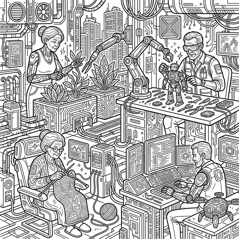Dive into a vibrant future where wisdom meets technology with this unique cyberpunk coloring page featuring active seniors. Discover elderly individuals enjoying their favorite hobbies, from gardening to robotics, all reimagined with a high-tech twist.