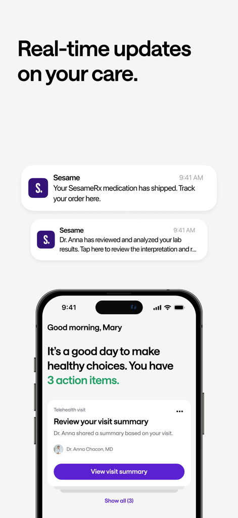 Sesame: Telehealth Care & More - Smartphone showing Sesame app notifications for medication shipping and lab results