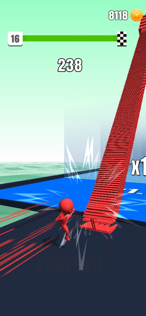 Stack Colors! - Un personaje rojo realiza una patada perfecta sobre una pila alta de losetas rojas en Stack Colors