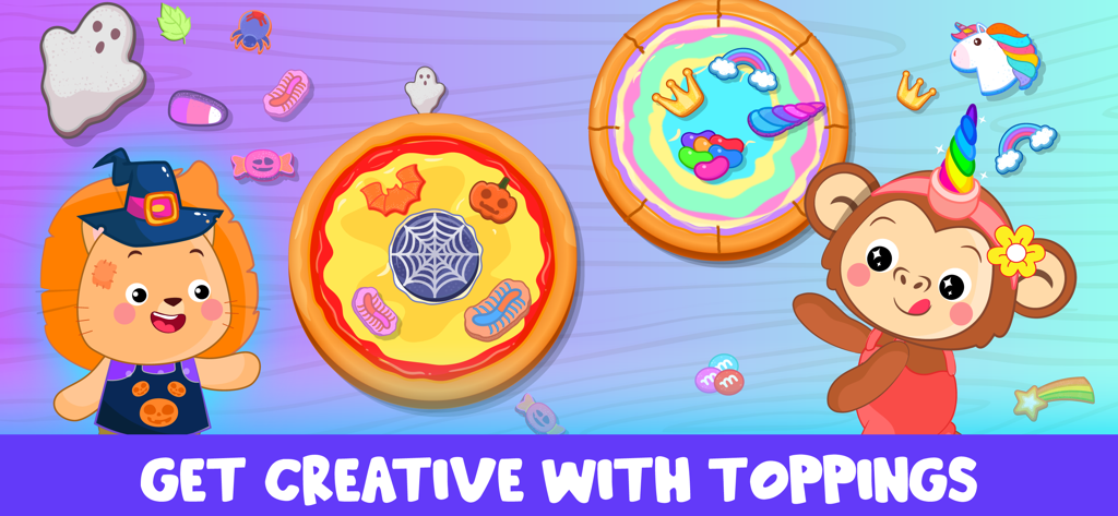 Pizza Maker Kids Cooking Games - Kids decorating pizzas with Halloween and unicorn themed toppings in a cooking game