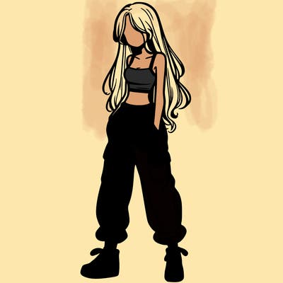 girl in baggy pants crop top and long hair