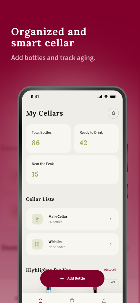 Digital wine cellar dashboard in the Vine app showing bottle inventory and aging statistics
