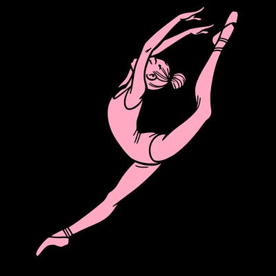 gymnast doing a leap in a leotard with a bent back leg
