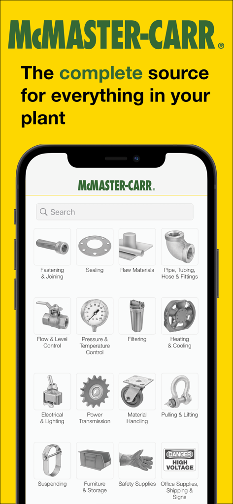 McMaster-Carr - App McMaster-Carr che mostra categorie di prodotti come fissaggi, sigillanti e materie prime