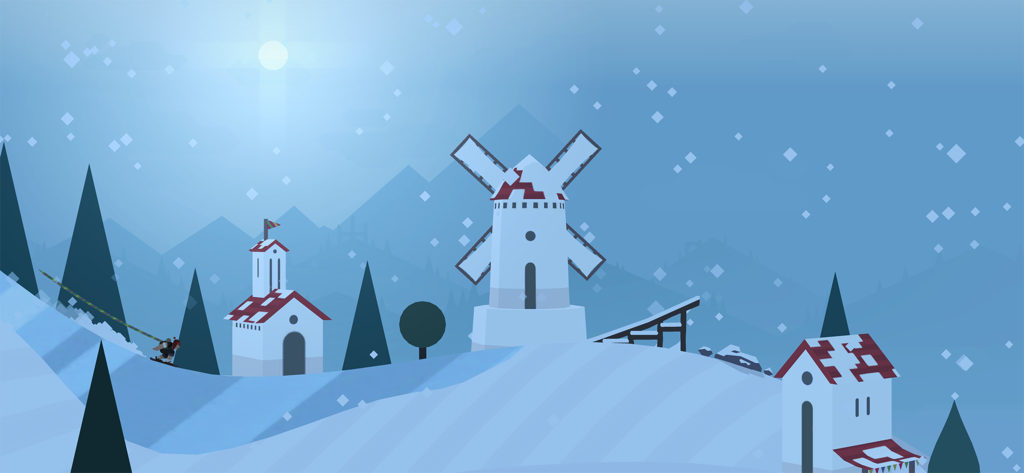 Alto's Adventure - A character snowboarding past a minimalist windmill and village in Altos Adventure