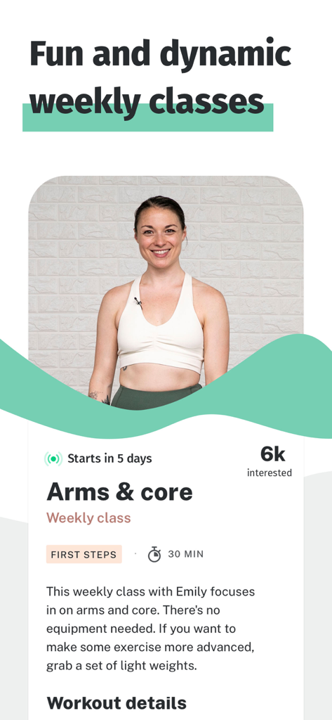 8fit Workouts & Meal Planner - 8fit App-Oberfläche, die eine 30-minütige Arm- und Rumpftrainingsklasse unter Anleitung eines Trainers zeigt