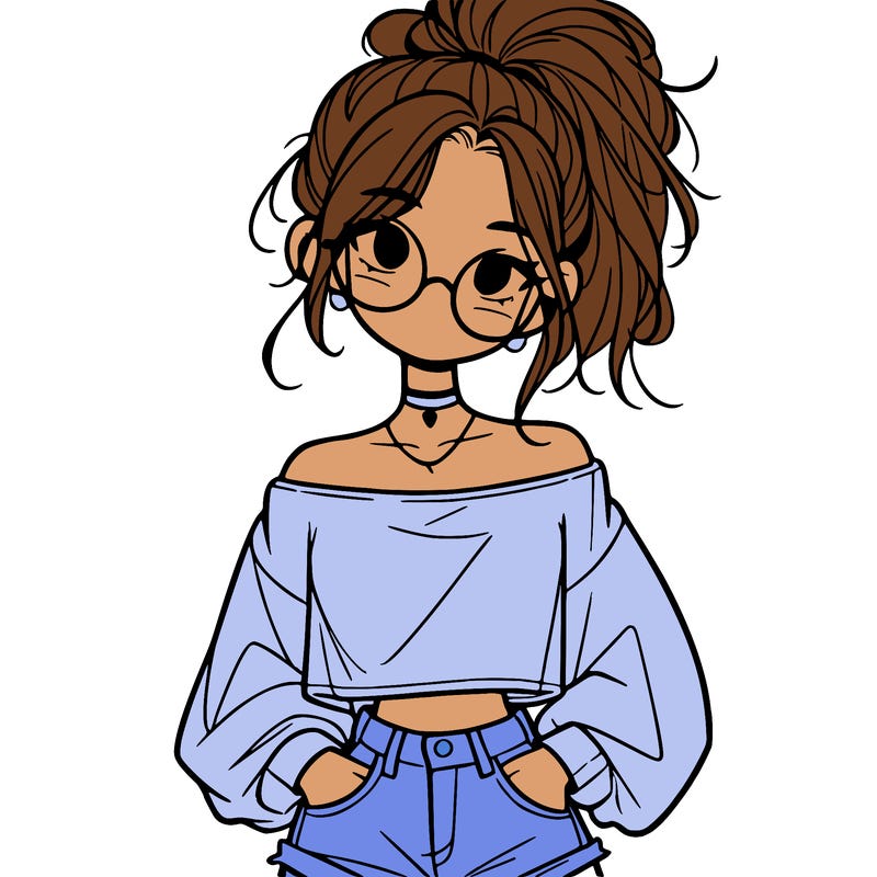 girl with a messy ponytail glasses a baggy crop top and jean shorts