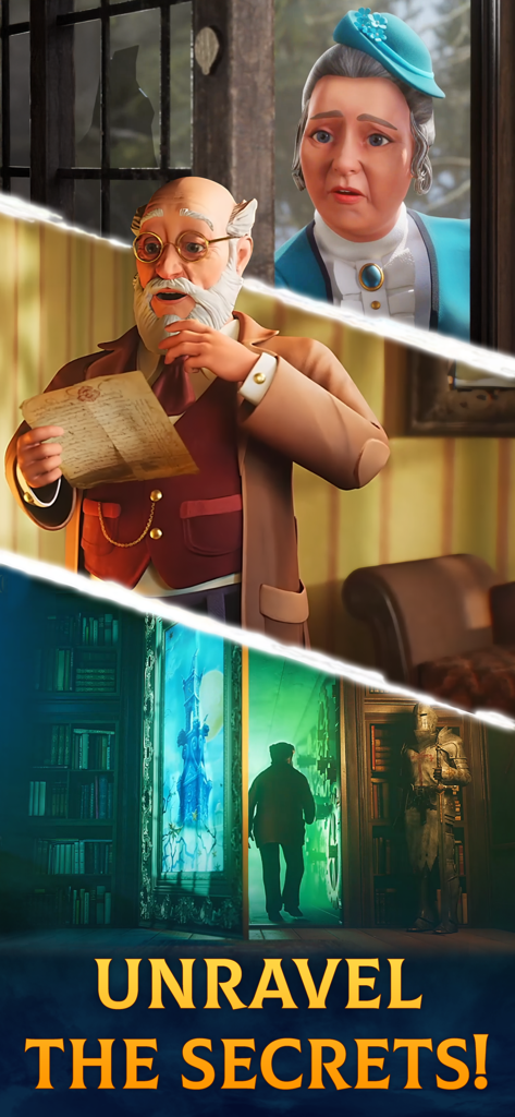 Clockmaker: Match 3 Puzzles - Personajes en un entorno de misterio gótico descubriendo un pasaje secreto en una biblioteca