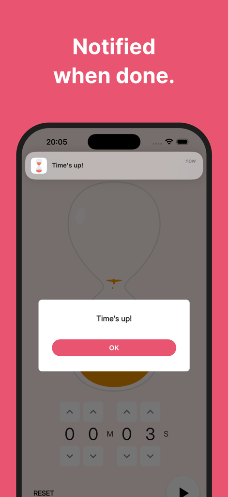 Hourglass - Simple Timer - Screenshot of Hourglass app showing a Times up notification alert on an iPhone