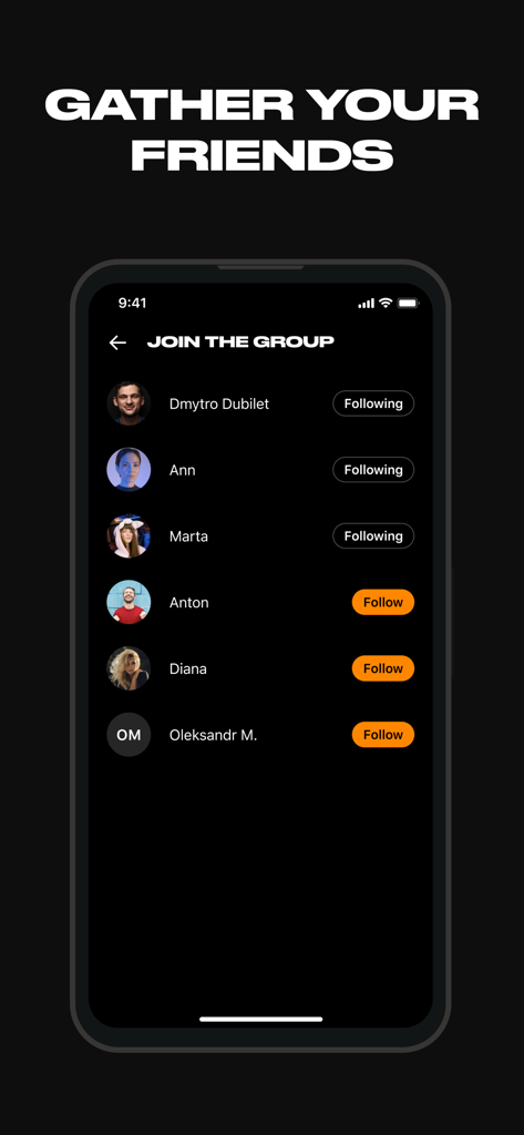 Interfaccia dell'app Smartass che mostra un elenco di utenti a cui unirsi a un gruppo e seguire amici