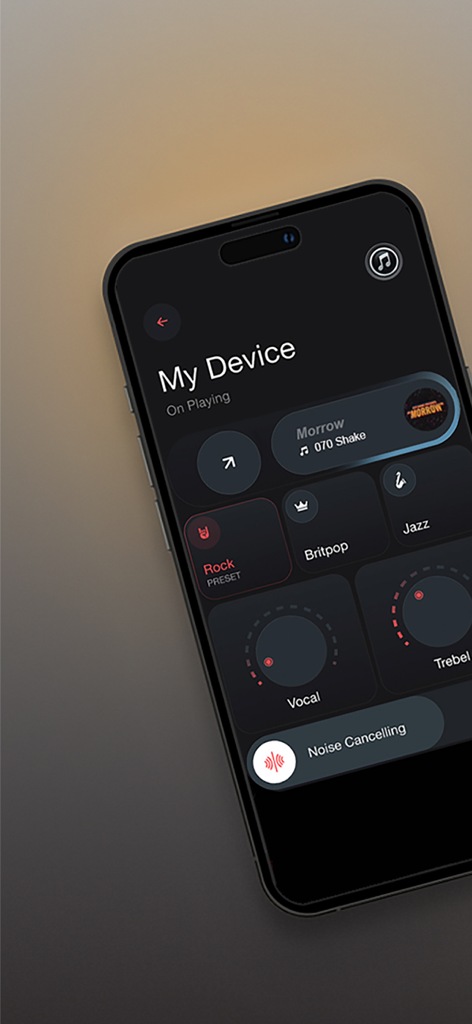 Sono - Phone Connect for Sonos - Interface of the Sono app showing audio equalizer presets and vocal adjustment controls for Sonos devices