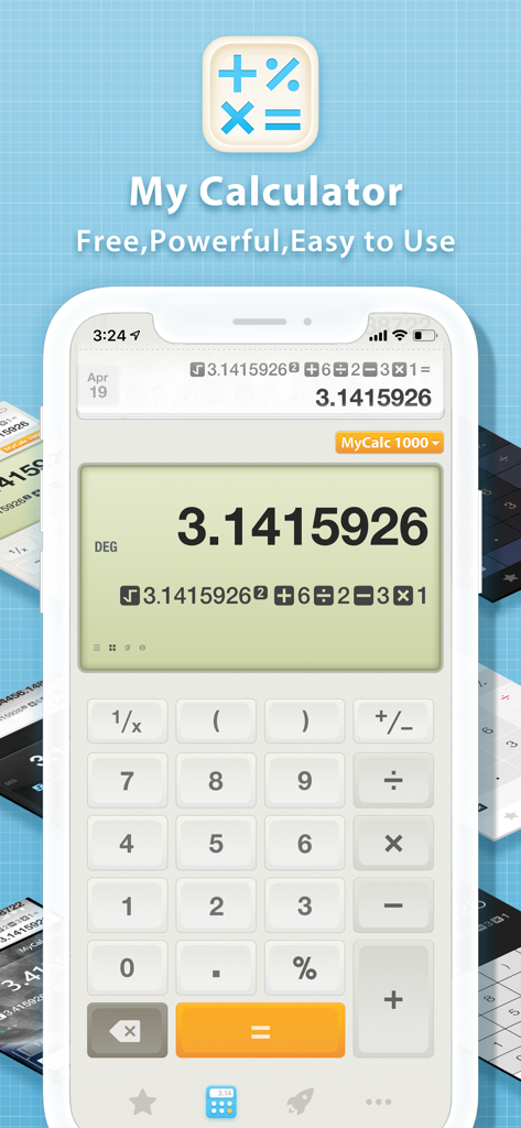 Une interface élégante pour smartphone de l'application Ma Calculatrice, comprenant un historique des calculs et un clavier numérique.