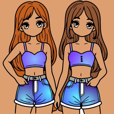 two sisters with crop tops and jean shorts and straight hair