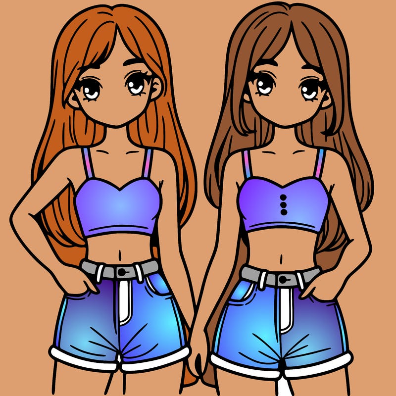 two sisters with crop tops and jean shorts and straight hair