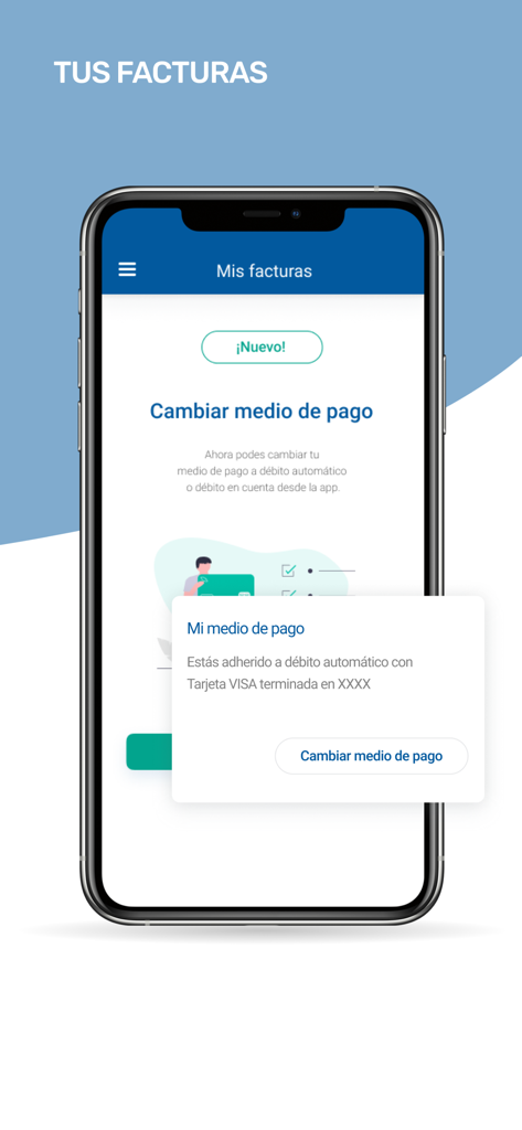 Galeno mobile app interface showing options to manage invoices and change payment methods for healthcare plans