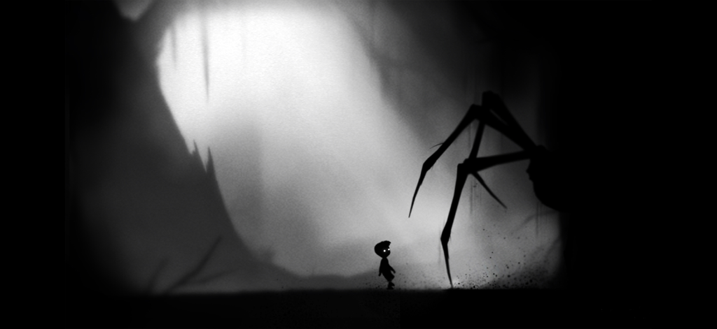 Playdead's LIMBO - Un niño silueteado se enfrenta a una araña gigante en un bosque oscuro y brumoso en blanco y negro de LIMBO de Playdead