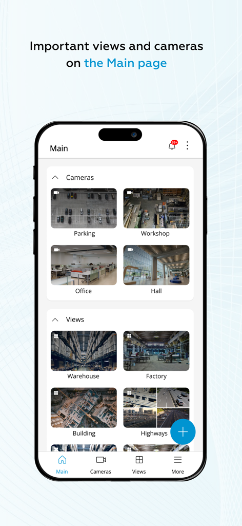 Eocortex - Das Haupt-Dashboard der Eocortex-App zeigt wichtige Überwachungskamerabilder und organisierte Ansichten.