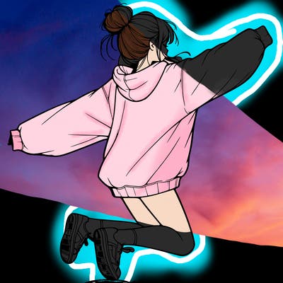 realistic girl jumping with a bun and oversized sweatshirt