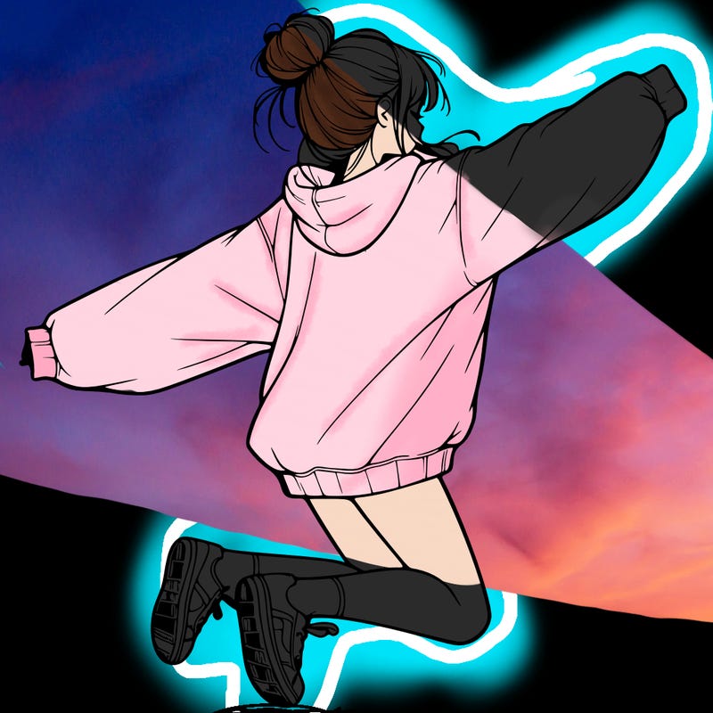 realistic girl jumping with a bun and oversized sweatshirt