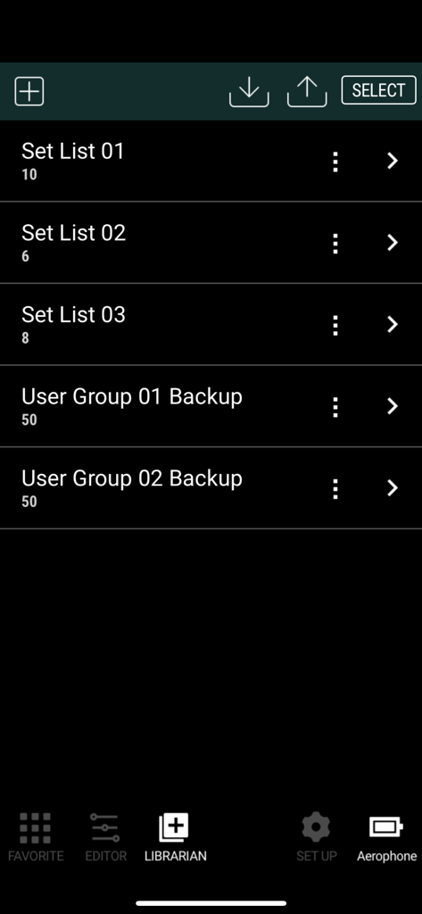 Visualização do Organizador no Aerophone Pro Editor mostrando setlists e backups.