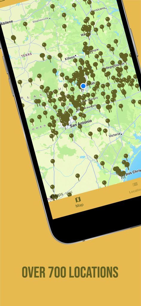 A map of Texas showing over 700 curated dive bar and diner locations in the Texas Dives app