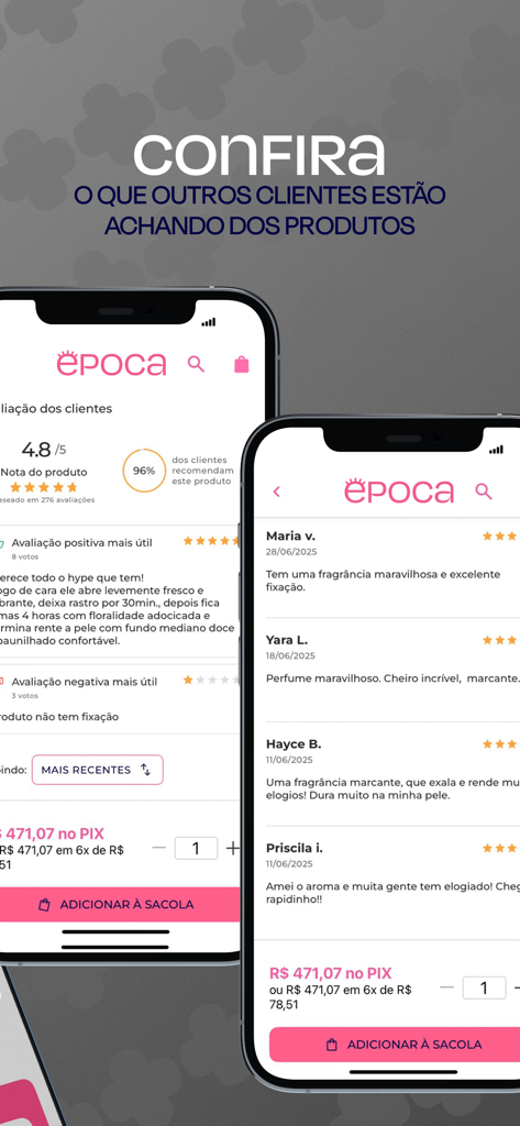 Época Cosméticos & Perfumaria - Mobile app screens showing customer reviews and product ratings for Epoca Cosmeticos