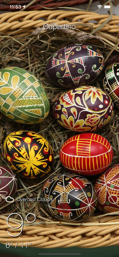 Local Meteo - weather live - Local Meteo weather app showing Cupertino forecast with traditional Ukrainian Pysanky Easter eggs in a basket background