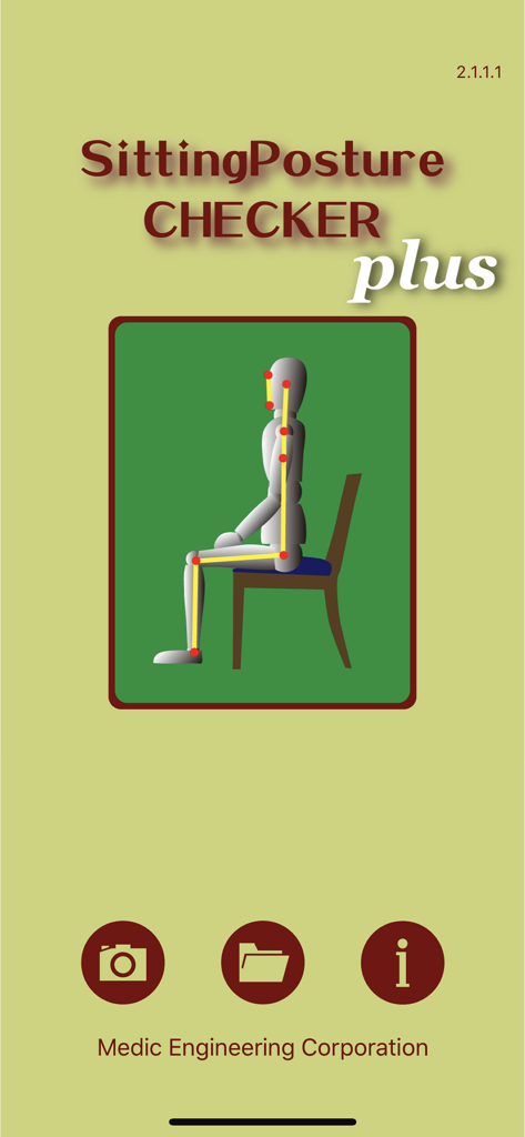 SittingPostureCHECKER - plus - Home screen of the SittingPostureCHECKER plus app showing a posture analysis diagram of a person sitting on a chair.