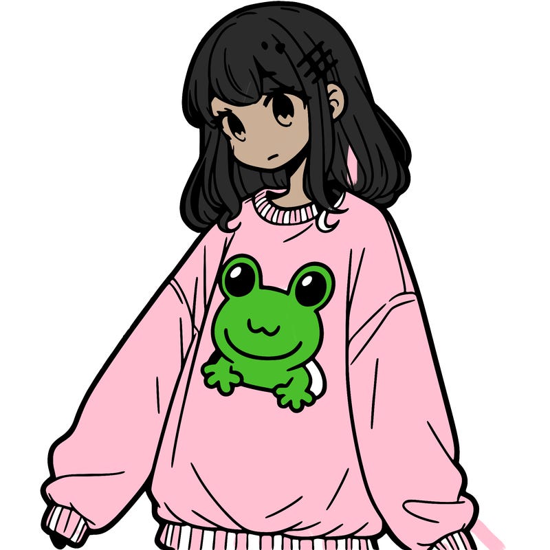 girl wearing frogging sweatshirt