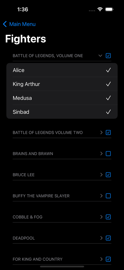 Unmatched Matcher - Interface of the Unmatched Matcher app showing a list of board game expansions and selectable fighters like Alice and King Arthur