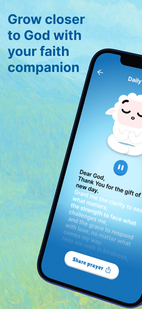 Creed: Bible Chat & Companion - Creed Bible Chatアプリの画面。毎日の祈りと羊のコンパニオンが表示されています