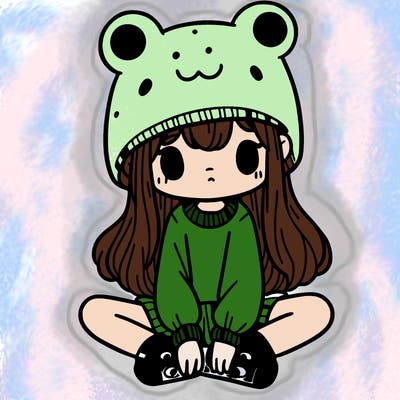 a girl wearing a frog hat and some frog socks