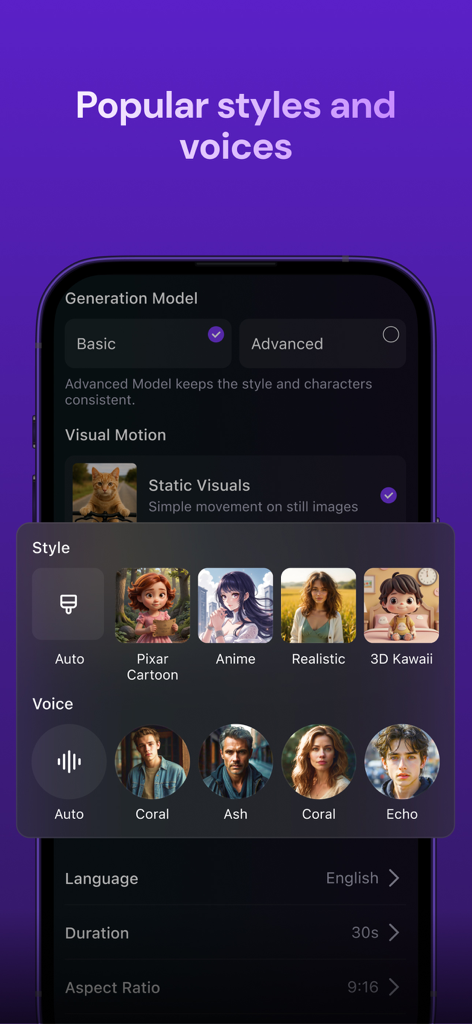 Zeemo:AI Video & Caption Tool - Interfaz de la app Zeemo mostrando opciones de estilos de vídeo IA como Anime y Realista y varios perfiles de voz IA.