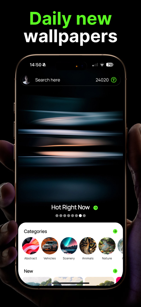 Wallpapers HD & 4K - Thematica - Interfaz de la aplicación Thematica en un iPhone que muestra actualizaciones diarias de fondos de pantalla y varias categorías como Abstracto y Paisajes